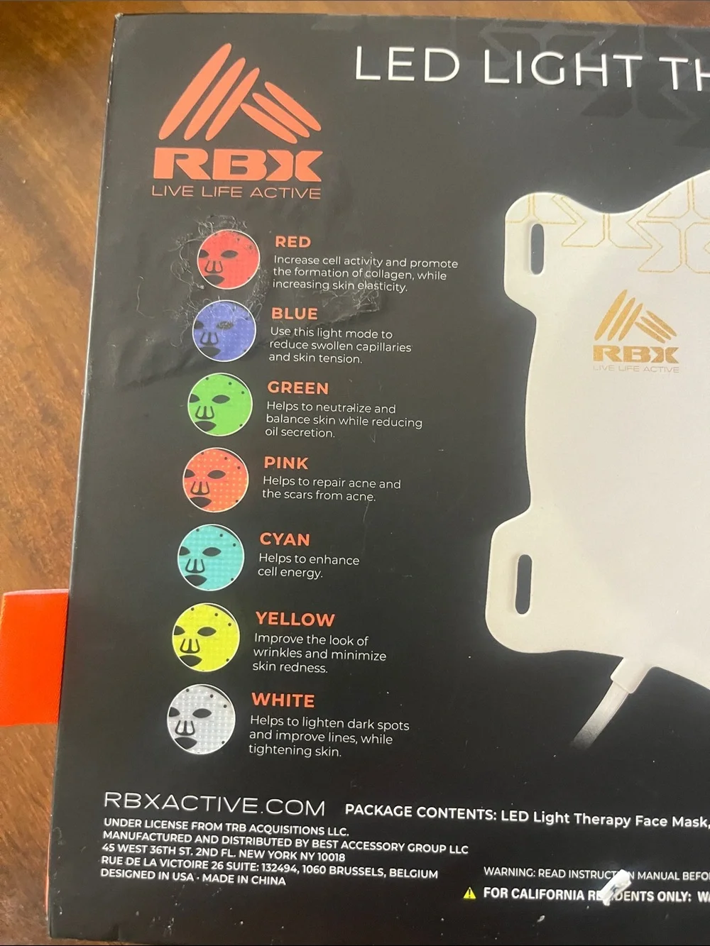 RBX White LED Light Therapy Facial Mask with Red Accent